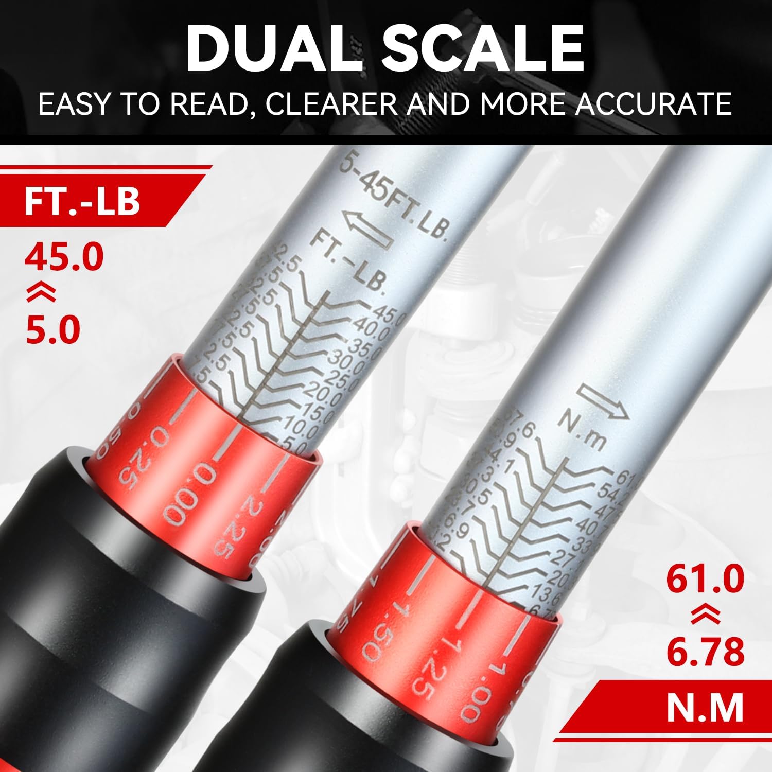 Auto Dynasty 1/2 Inch Dual-Scale Reversible Ratchet Wrench Set 5-45ft.lb/6.78-61.0 n.m with Quick Release and Accurate Torque Control - Perfect for Cars, Bikes, and Machinery Maintenance