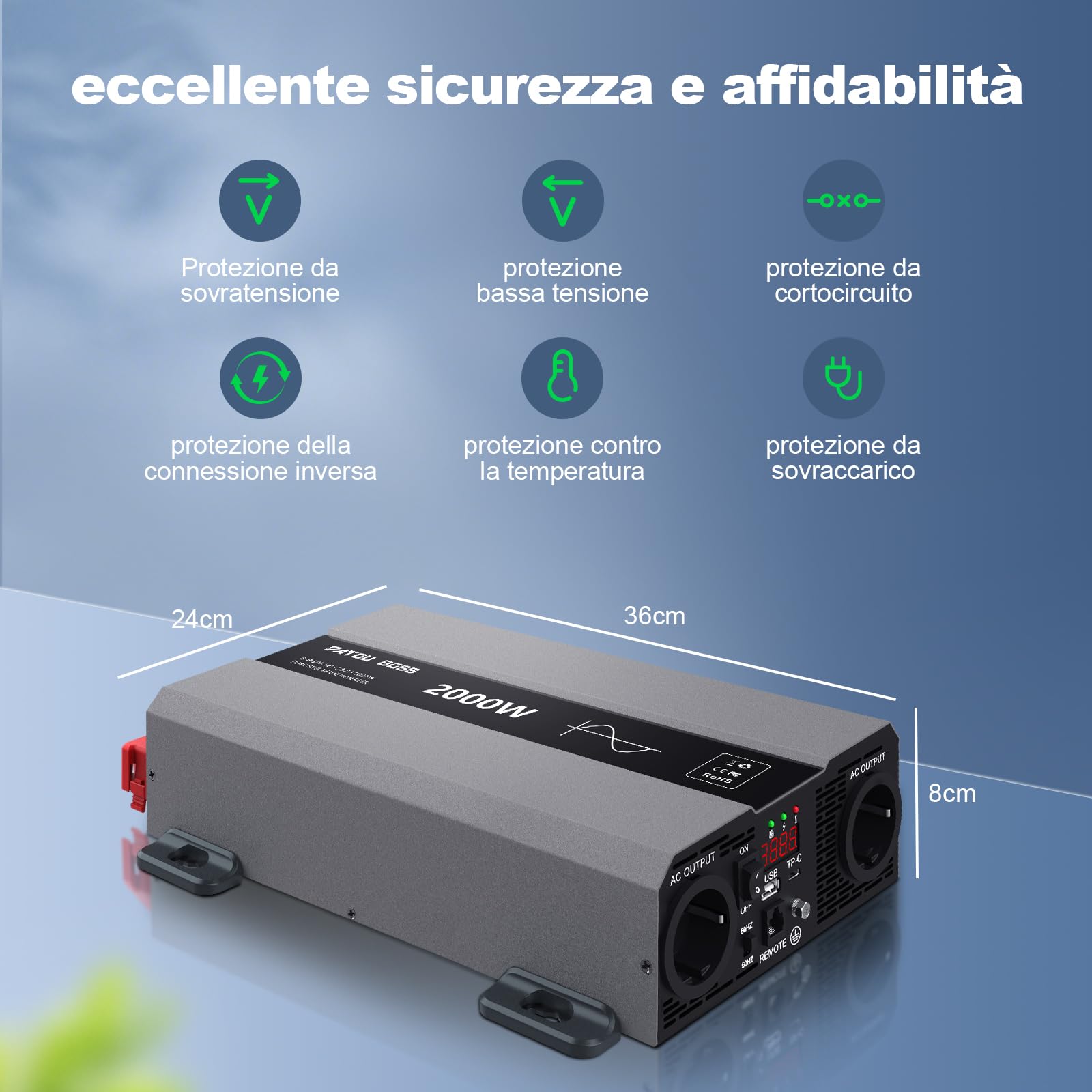 DATOUBOSS Inverter 24V 220V 2000W Onda Pura(Picco 4000W), Trasformatore 24V 220V con 2 EU Prese, Porte USB-A e USB-C,Display LCD,Comando a Distanza,per Camper, Camion, Emergenze e Apparecchi Campeggio