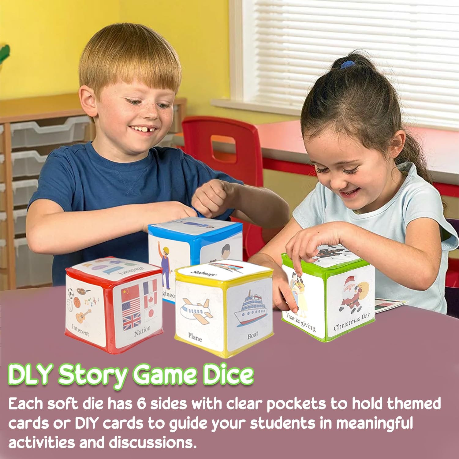 Duże kieszonkowe kości edukacyjne z pianki 9,9 cm, do układania w stos, Squishy Story Cube, domowa klasa, DIY, puste kości z 24 kartami tematycznymi do ćwiczeń, wyrażania języka, wyobraźni,