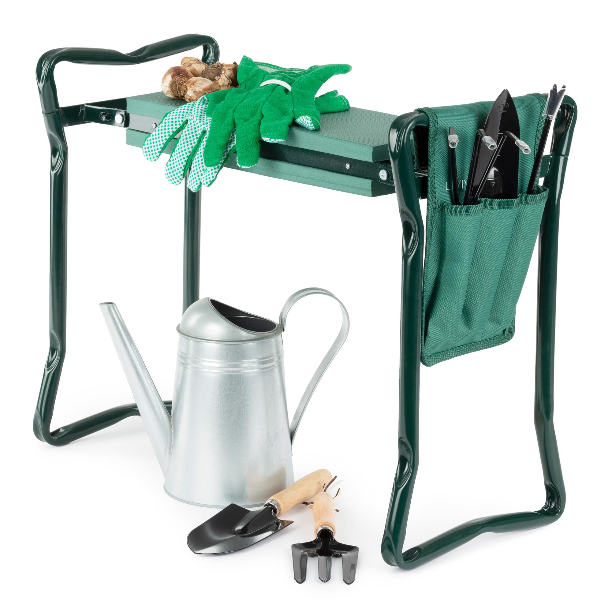 LIVIVO Folding Garden Kneeler and Seat – Portable 2-in-1 Garden Bench with Soft Foam Pad, Tool Pouch, Heavy-Duty Steel Frame – Foldable, Lightweight Garden Stool for Weeding, Planting & Outdoor Use