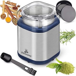 Electric Herb Grinder 200w Spice Grinder Compact Size, Easy On/Off, Fast Grinding for Flower Buds Dry Spices Herbs, with Pollen Catcher and Cleaning Brush (Stainless Steel & Blue)