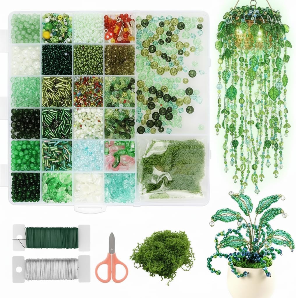 JITIERYALO 5422 Pcs Beaded Plant Kit Forever Plant Kit with Wire and Faux Moss, Forever Green Glass Beads for Plant Making, Green Crystal Leaf Beads for Plant Making DIY Craft