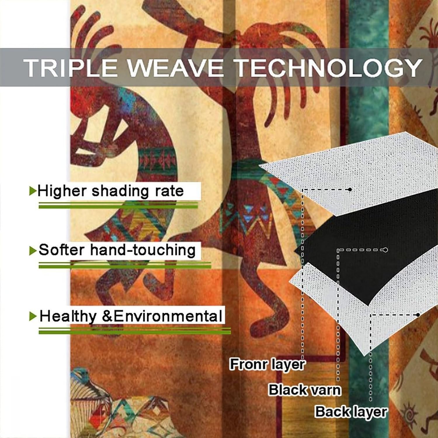 Kokopelli Blackout Curtains, Southwestern Native Window Drapes, Aztec Ethnic Print Pattern Thermal Insulation Window Treatments for Living Room Bedroom Kitchen Office 42x54 Inch