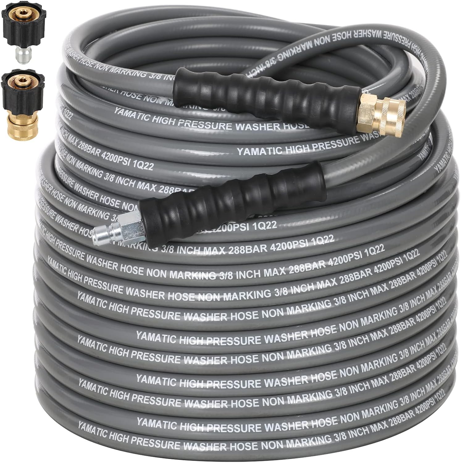 YAMATIC Non Marking 3/8" Pressure Washer Hose 100FT 4200 PSI, Kink Resistant Swivel 3/8" Quick Connect, Rubber Steel Braided Wear Resistant Industry Grade for Hot/Cold Water Gas Power Washer