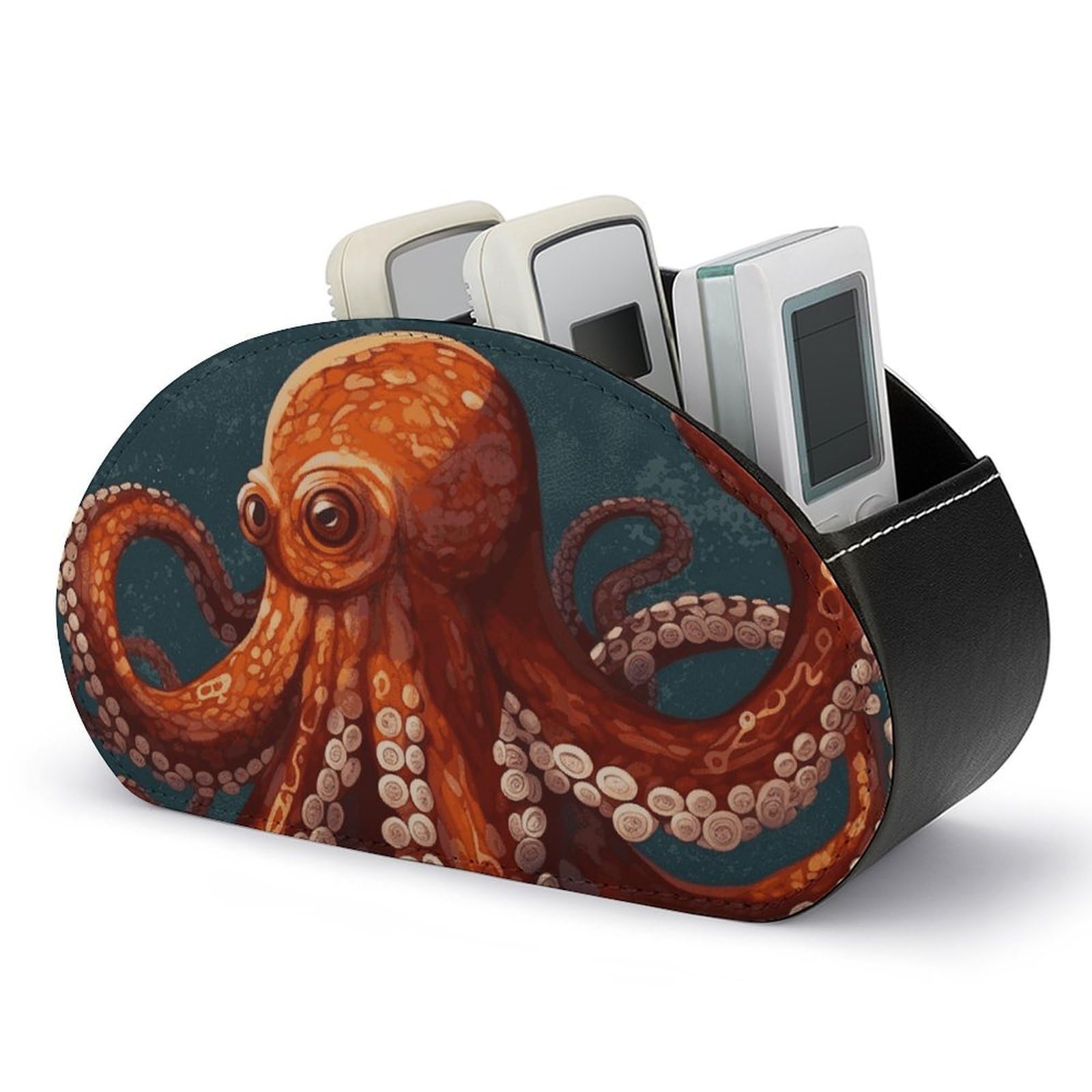 JTREHY Animal Octopus Remote Control Holder with 5 Compartments Pu Leather Remote Caddy Box Multi-functional Deskt Holders Organizer Box Tray Bedside Table Storage Organizer