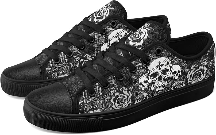 Men's Women's Skull Rose Canvas Sneakers Low Top Lace-Up Classic Walk Shoes Gothic Punk Streetwear Casual Shoes