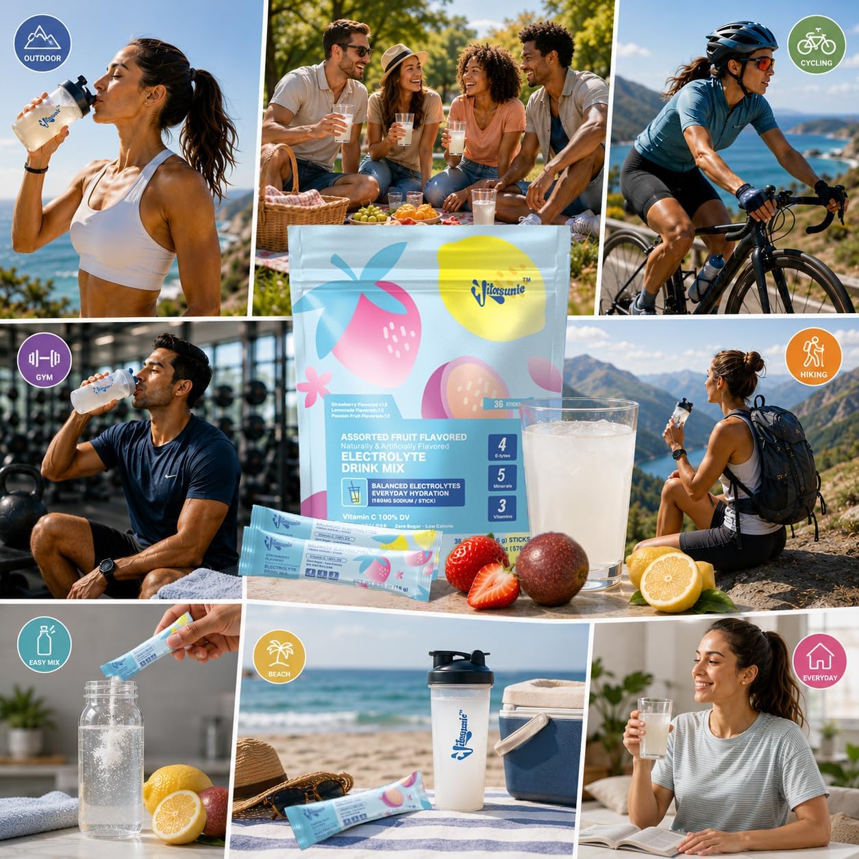 36 Sticks Electrolyte Powder Packets,Sugar Free Variety Pack Hydration Packets Drink Mix with 4 Electrolytes No Sucralose, Vegan, Gluten-Free, Lemonade, Strawberry, Passion Fruit