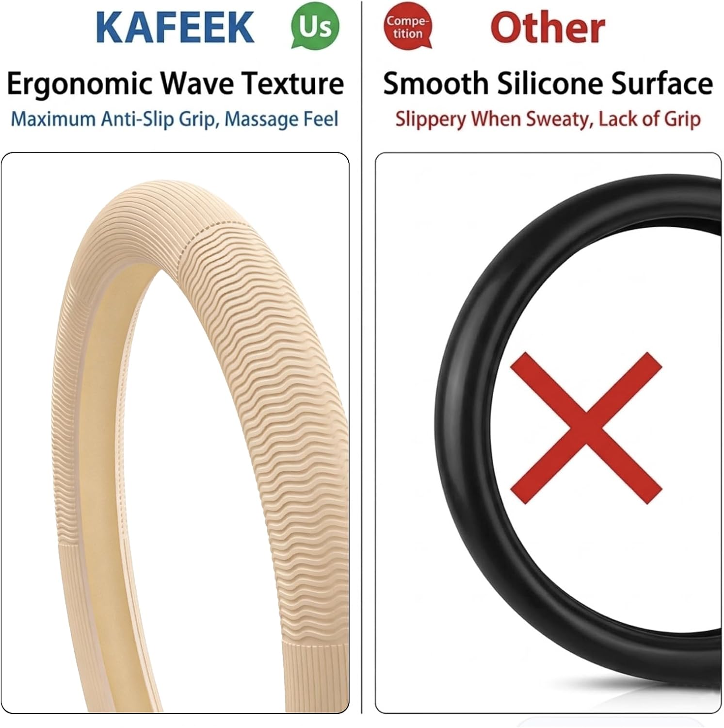 KAFEEK Car Steering Wheel Cover for Women, Soft Silicone Wavy Stripe Texture Auto Interior Accessories, Universal Fit 14 15 16 Inch Round & D-Shape Wheels, Cream Beige