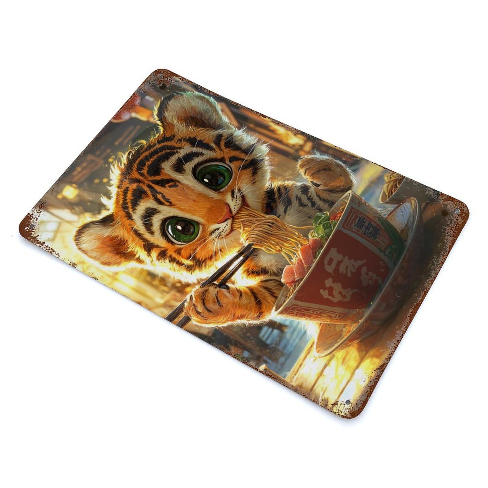 Tiger Eating Ramen 11.8"x7.9" Rustic Tin Plaque, Novelty Wall Decor for Living Room, Hallway And Home Decor