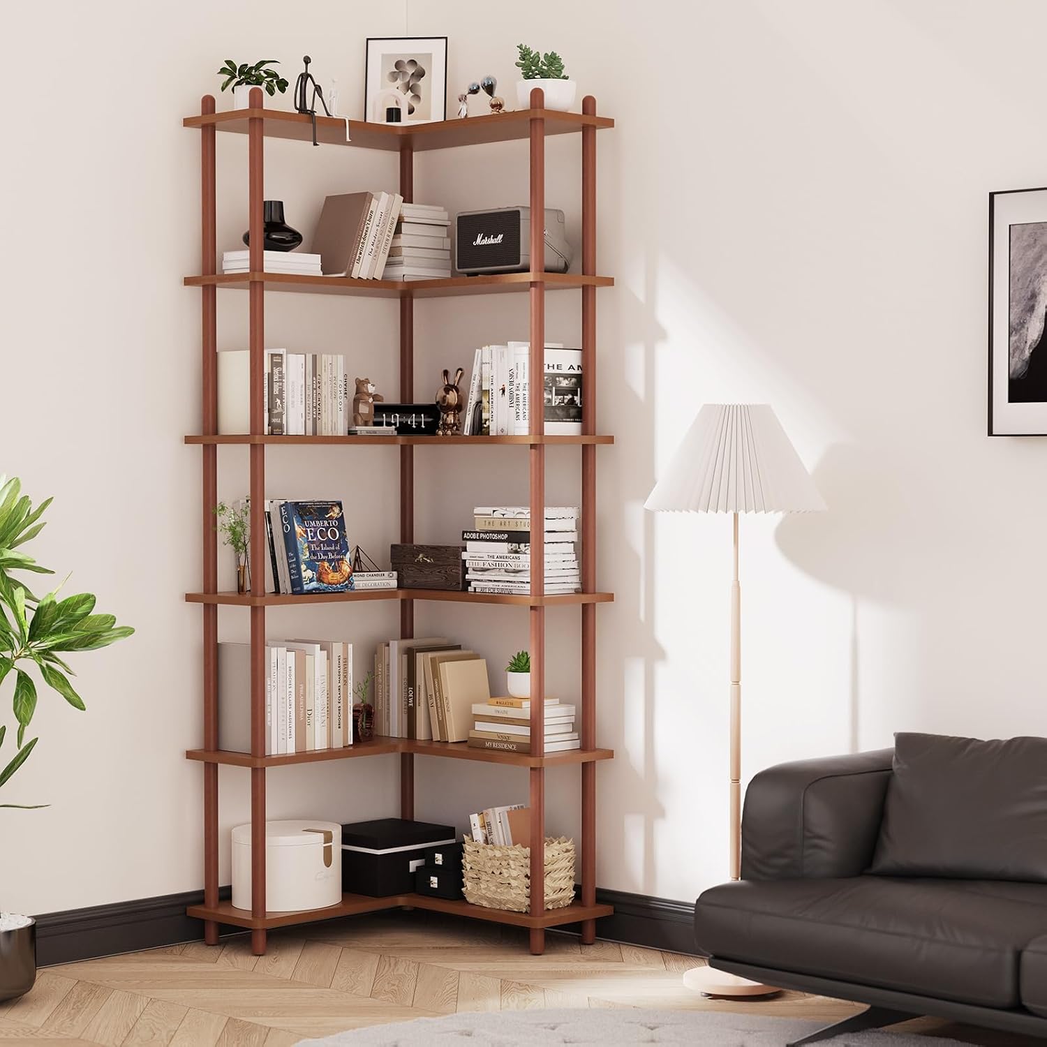 5-Tier Corner Bookshelf with Solid Beech Wood Poles, 70.8" Tall Easy-Assembly Corner Shelf Unit, Free-Standing Bookcase for Living Room Bedroom Home Office, Space-Saving Corner Storage Solution
