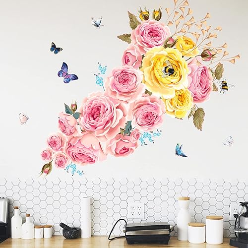 Miniatura 3 de Calcomanías de pared de flores de peonía, calcomanías de pared florales rosas, calcomanías de pared de flores para despegar y pegar, calcomanía de