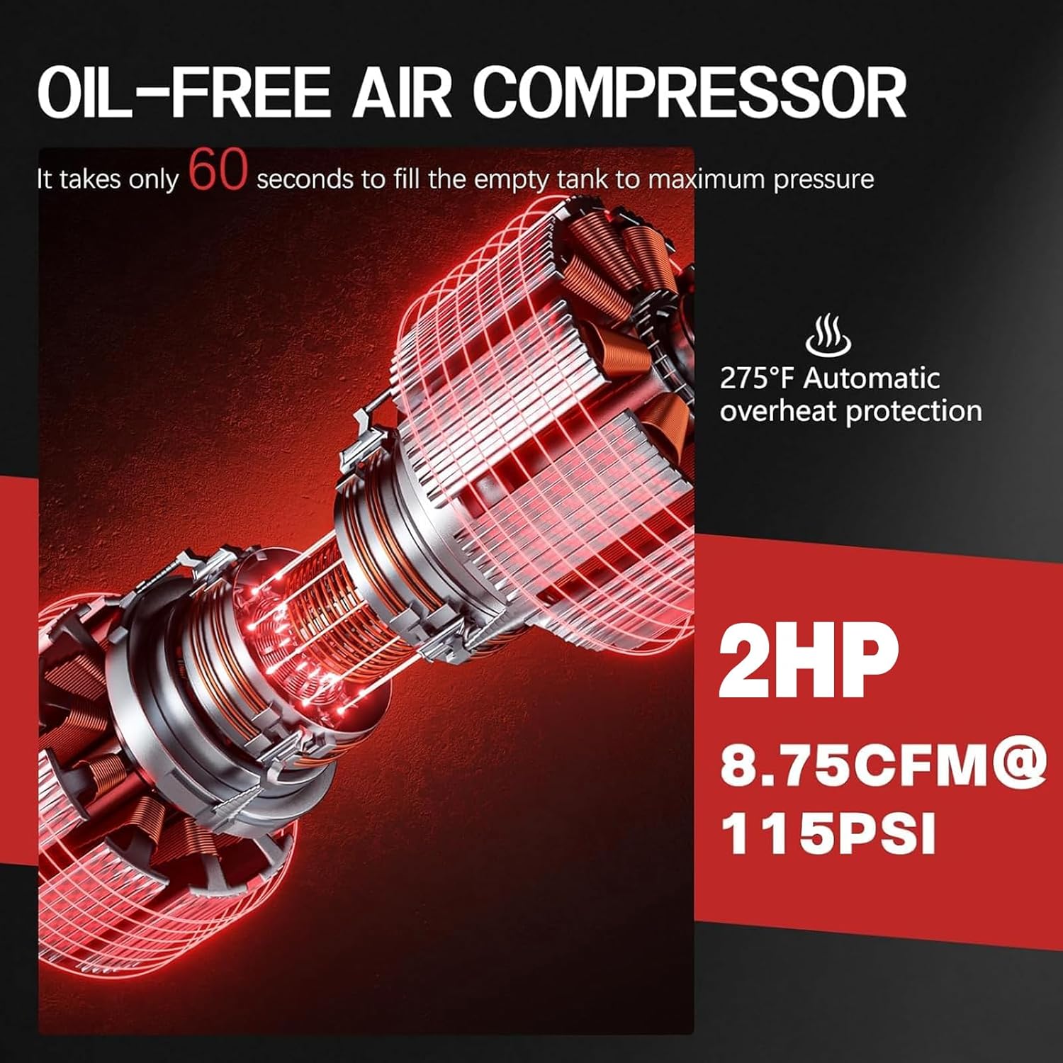 10 Gallon Portable Air Compressor, 2HP 8.76 CFM@115PSI 70dB Oil-Free Ultra Quiet Air Compressor for Car Repair, Spray Painting, Woodwork Nailin, 110V/60hz - Image 3