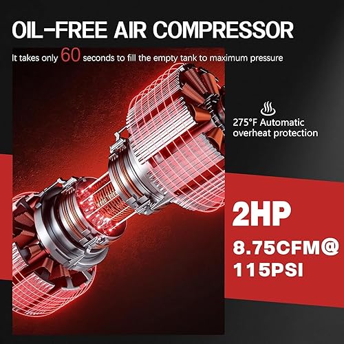 Miniatura 3 de Compresor de aire portátil de 10 galones, 2HP 8.76 CFM@115PSI 70dB Compresor de aire ultra silencioso sin aceite para reparación de automóviles