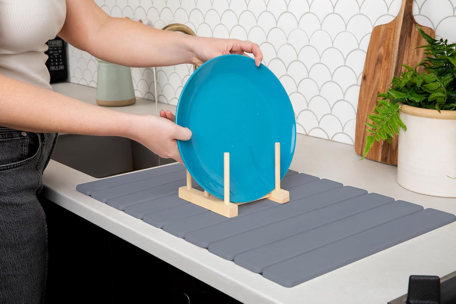 HavenMat – Large Stone Dish Drying Mat (24”x16”) with Bamboo Rack & Brush | Quick-Dry Diatomite Counter Mat for Dishes, Glassware, Plants & Pets | Grey Kitchen Drying Stone (Grey)