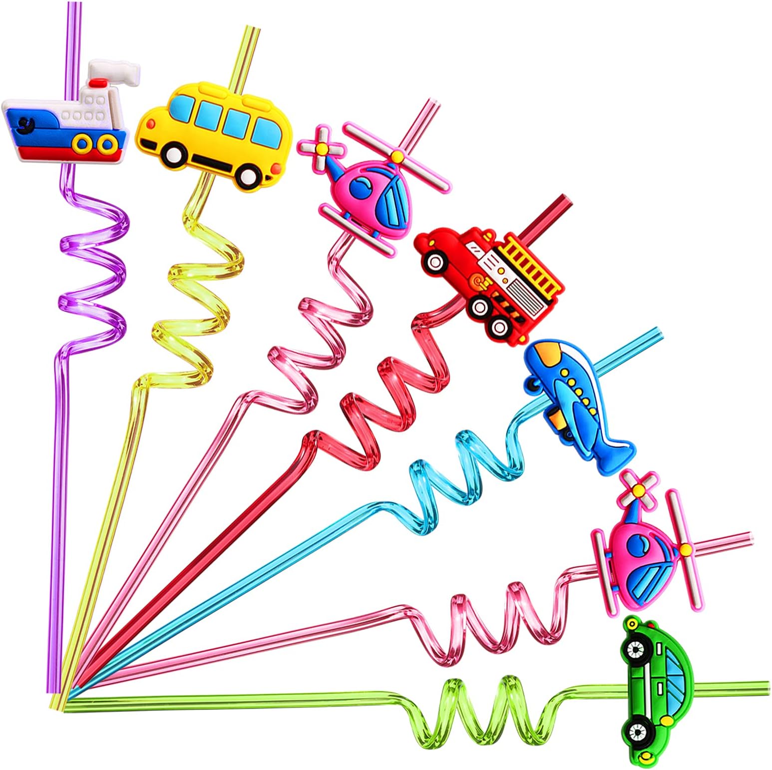24 Transportation Drinking Straws Car School Bus Plane Ship Helicopter Fire Truck for Vehicle Birthday Party Supplies Favors with 2 PCS Cleaning Brushes