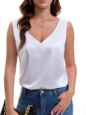 Womens Satin Tank Top Loose Fit Sleeveless V Neck Cami Blouse
