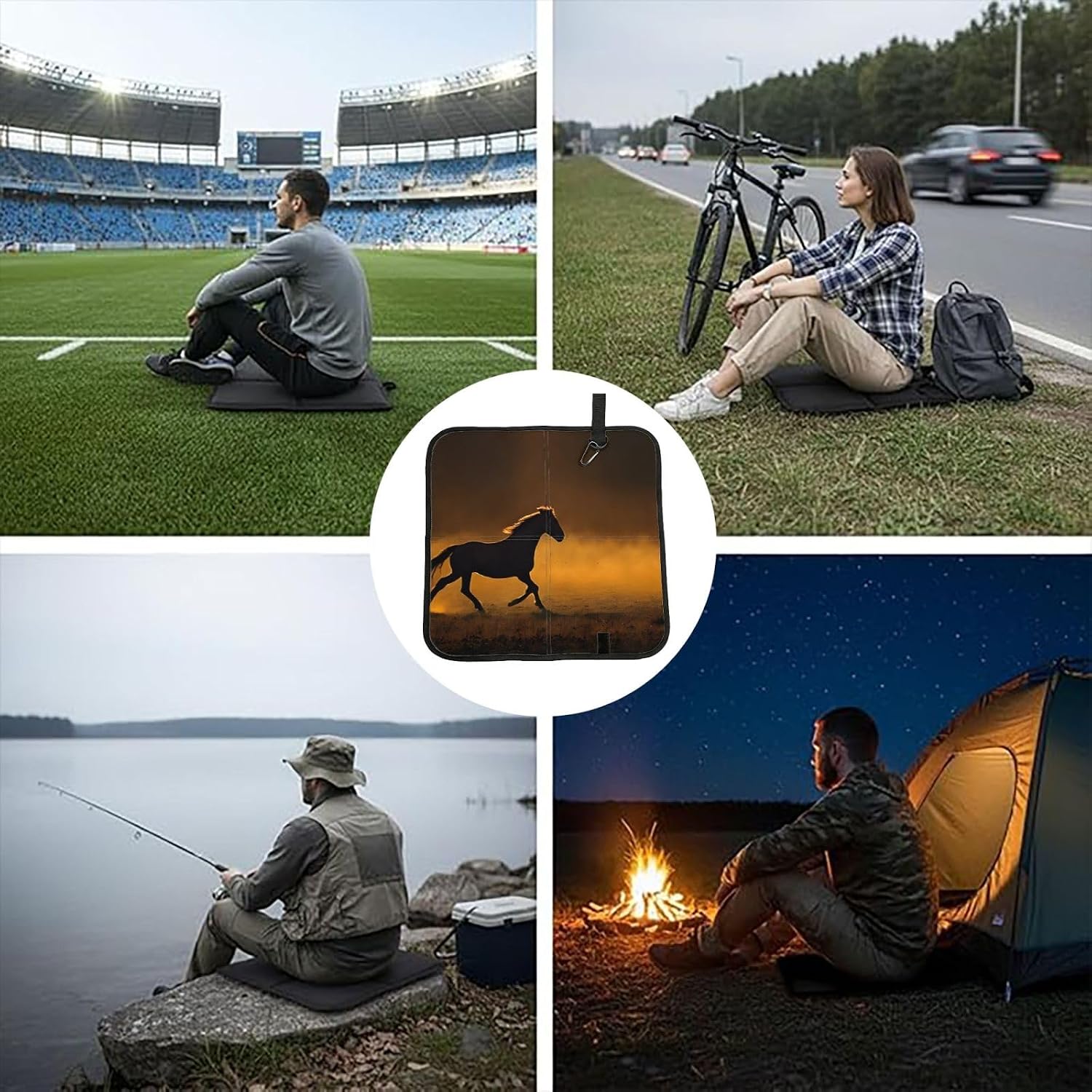 (Black Horses Red Glowing Clouds) Sitting Pad Foldable Seat Cushion Lightweight Camping Seat Mat with Hook for Outdoor Hiking Picnic Camping