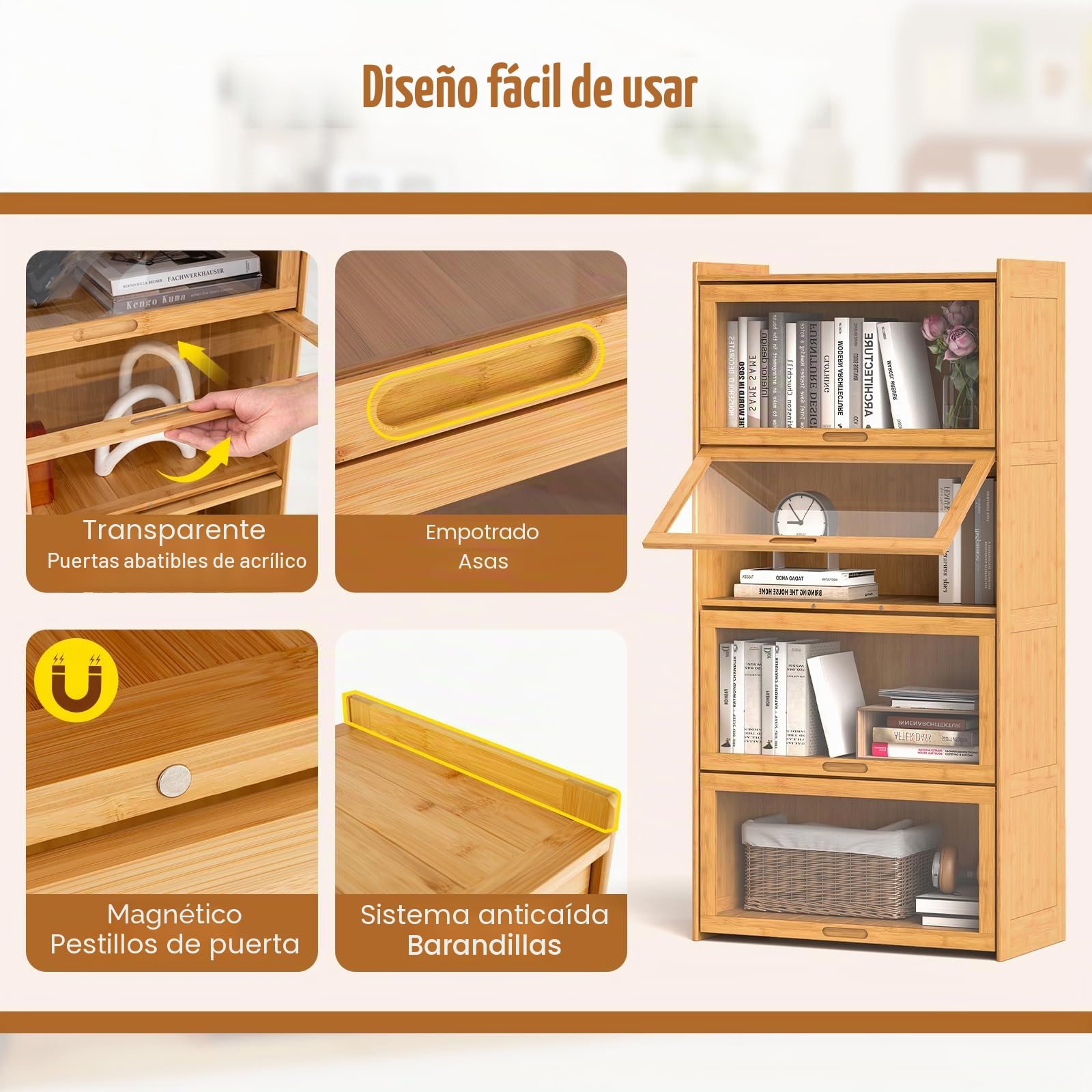 GIANTEX Estantería de Libros de Bambú 4 Niveles, Armario de Almacenamiento con Puertas Abatibles de Acrílico Transparente, 69 x 34 x 140 cm, Mueble Auxiliar para Salón, Cocina, Dormitorio (Natural)