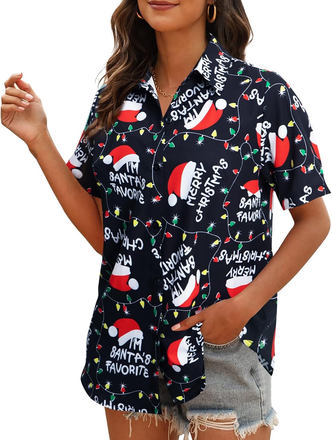 Christmas Shirt Women Hawaiian Button Down Shirts Vintage Christmas Graphic Short Sleeve Button Up Tops