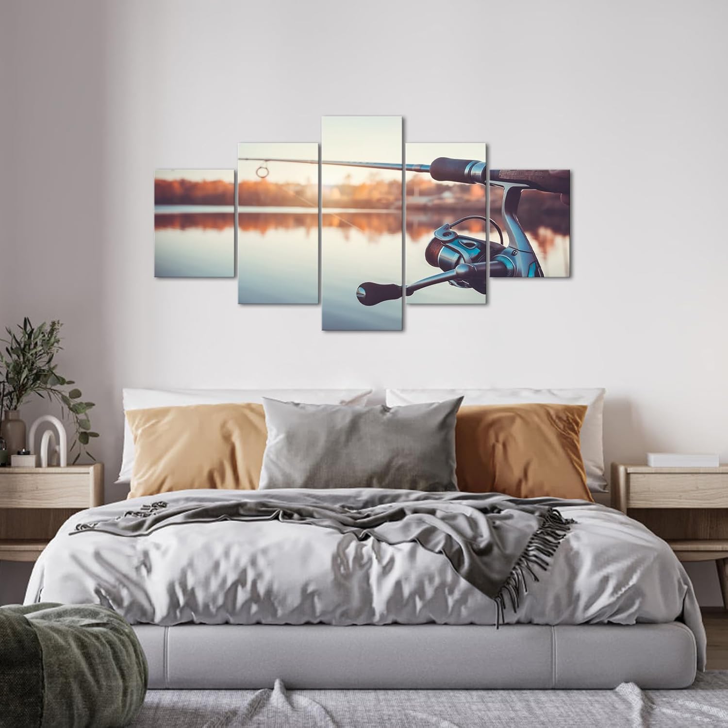 iHAPPYWALL Large 5 Pieces Fishing Rod and Reel Canvas Wall Art Fishing Tackle Sunset Lake Landscape Picture for Office Farmhouse Living Room Stretched and Framed Ready to Hang - Image 3