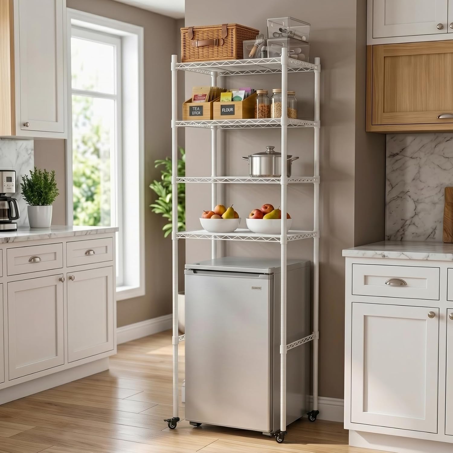 4-Tier Adjustable Mini Fridge Organizer Rack with Lockable Wheels, Heavy-Duty Metal Storage Shelf for Over Mini Fridge, Microwave Stand for Dorm, Kitchen, Office, White