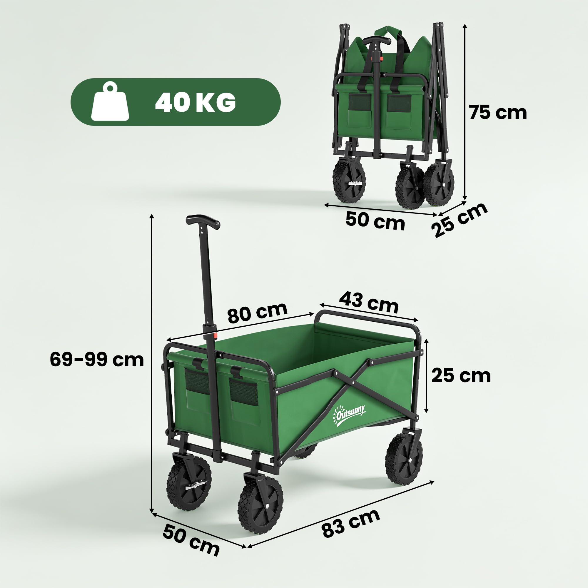 Outsunny Chariot de Transport Pliable à Roues Tout-Terrain avec Freins, Chariot de Campings avec Poignée en Acier, pour Plage Jardin Extérieur, Charge 40kg, 120L, Vert Foncé