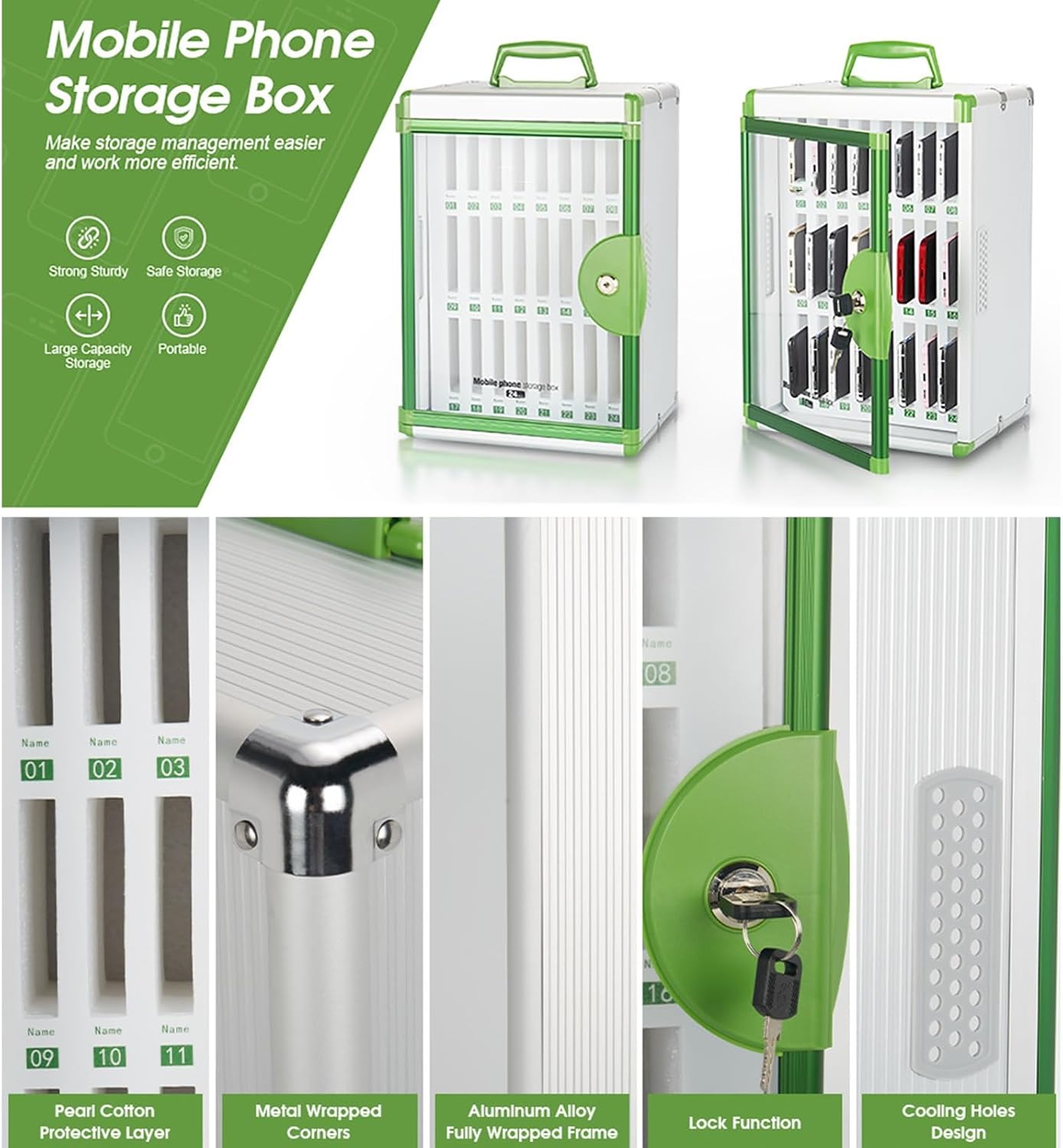 Classroom Cell Phone Locker, 24-Slot Wall-Mounted Aluminum Alloy Storage Cabinet with Key Lock for Offices, Schools & Employees - Secure and Organized Solution