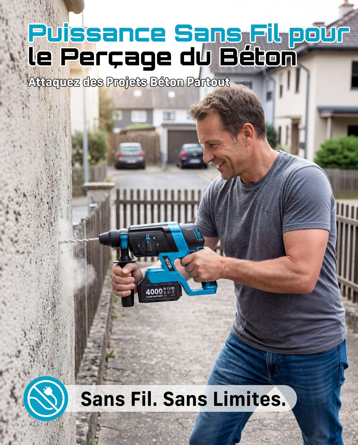 SEESII 2,8J Marteau Perforateur Sans Fil, SDS Plus, Moteur Brushless, 4 en 1 avec 2 Batteries 4.0Ah (Compatible avec les batteries Makita 18 V), pour Béton et Rénovation, avec Forets, Burins
