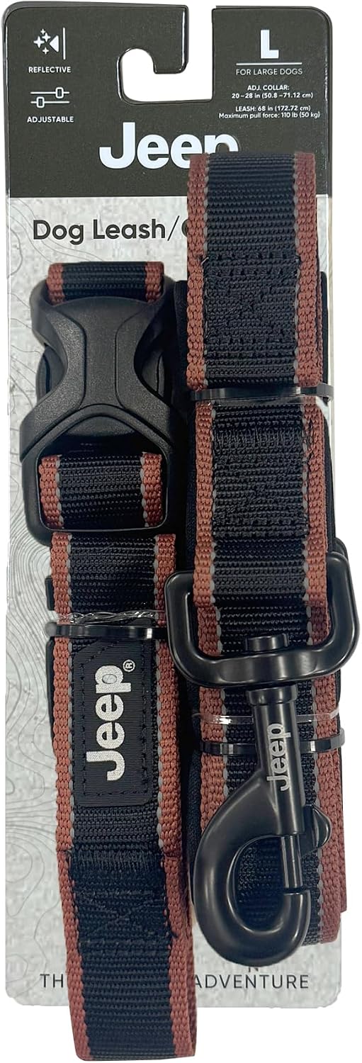 Jeep Adjustable Dog Collar and Leash Set (Black) Safety Reflective Material - Heavy-Duty Leash Handle Design - Quick Release Pet Collar Includes Metal D-Ring Attachment (20 – 28” Neck Size)