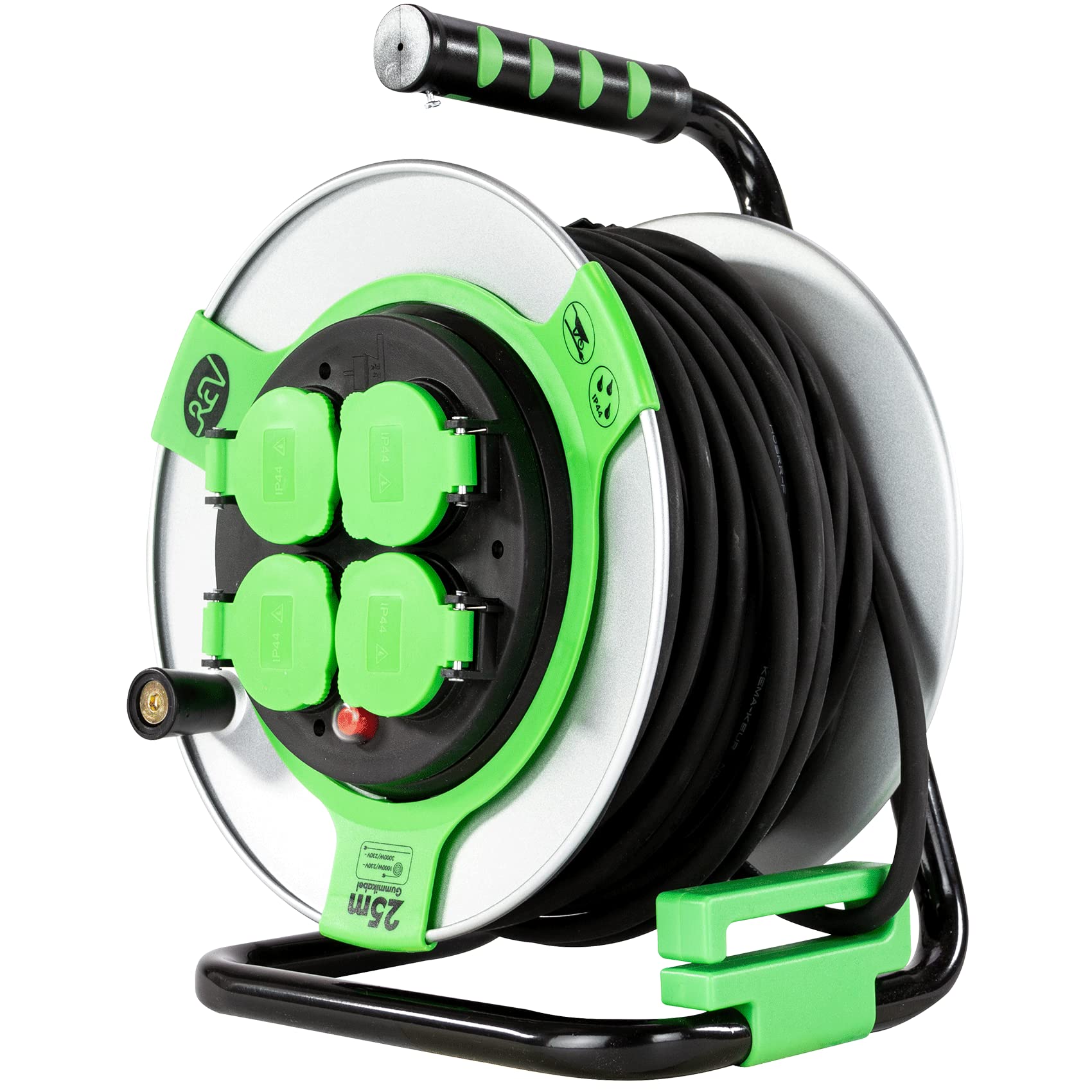 Rev Carrete de Cable EX, 25 m, H05RR, IP44, 3000 W, con Contacto abrasivo, Rollo de Cable para Exteriores, 4 enchufes, Color Verde