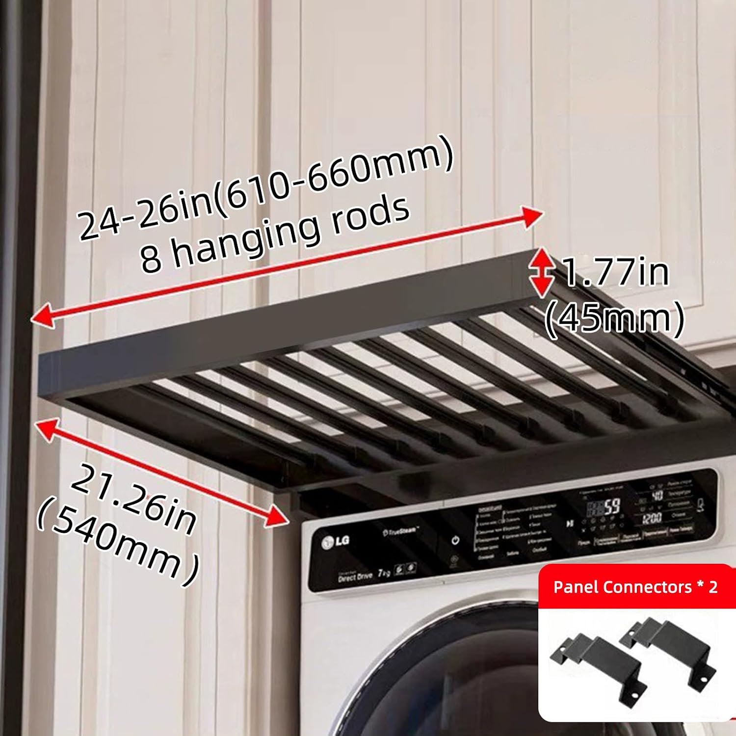 Hidden Pull Out Drying Rack, Extendable Pull Out Trousers Rack, Space Saving, Above Washing Machine Wardrobe, Aluminum Alloy, Tip-On, Depth 21.26in Width 24-26in Grey