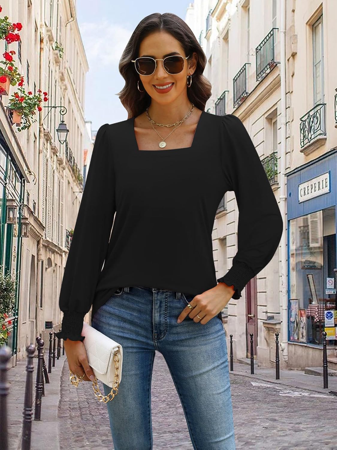 MixShe Womens Square Neck Blouses 2025 Fall Fashion Long Sleeve Casual Stretchy Pullover Tops - Image 3