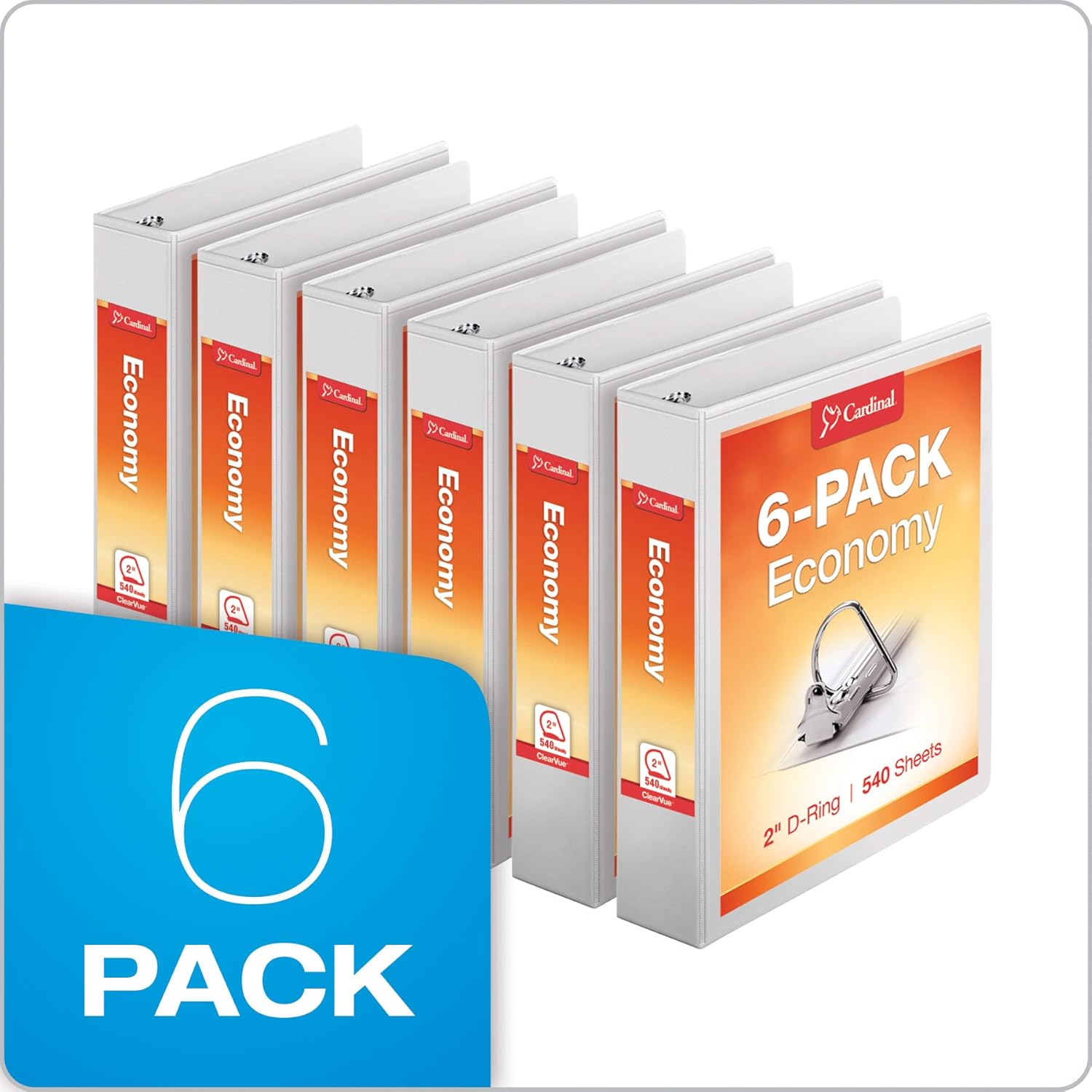 Cardinal 2 Inch Binders, 6 Pack, 3 Ring Binder, 2 inch 3 Ring Binder, D-Ring, Holds 540 Sheets, Non-Stick, PVC Free, Three Ring Binders for Organization and Presentations, White