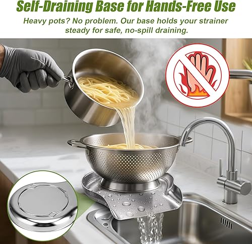 Miniatura 8 de Palksky Colador y colador autodescurridor de acero inoxidable para cocina, bandeja de drenaje de encimera de metal para pasta, arroz, fideos,