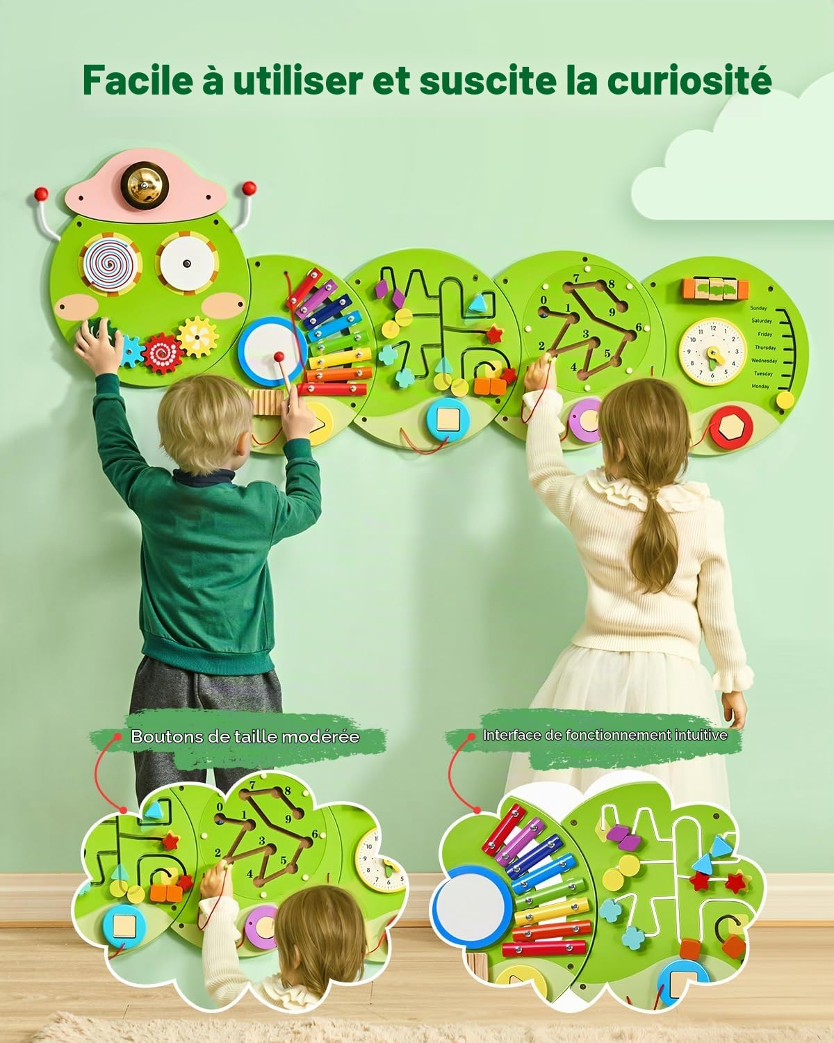 VEVOR Panneau Mural Sensoriel Chenille pour Enfants, Tableau d'Activités Montessori avec 12 Jeux, Jouet Éducatif Interactif pour Enfants de 3 à 12 Ans, Crèche, Maternelle, Garderie, Salle de Jeux