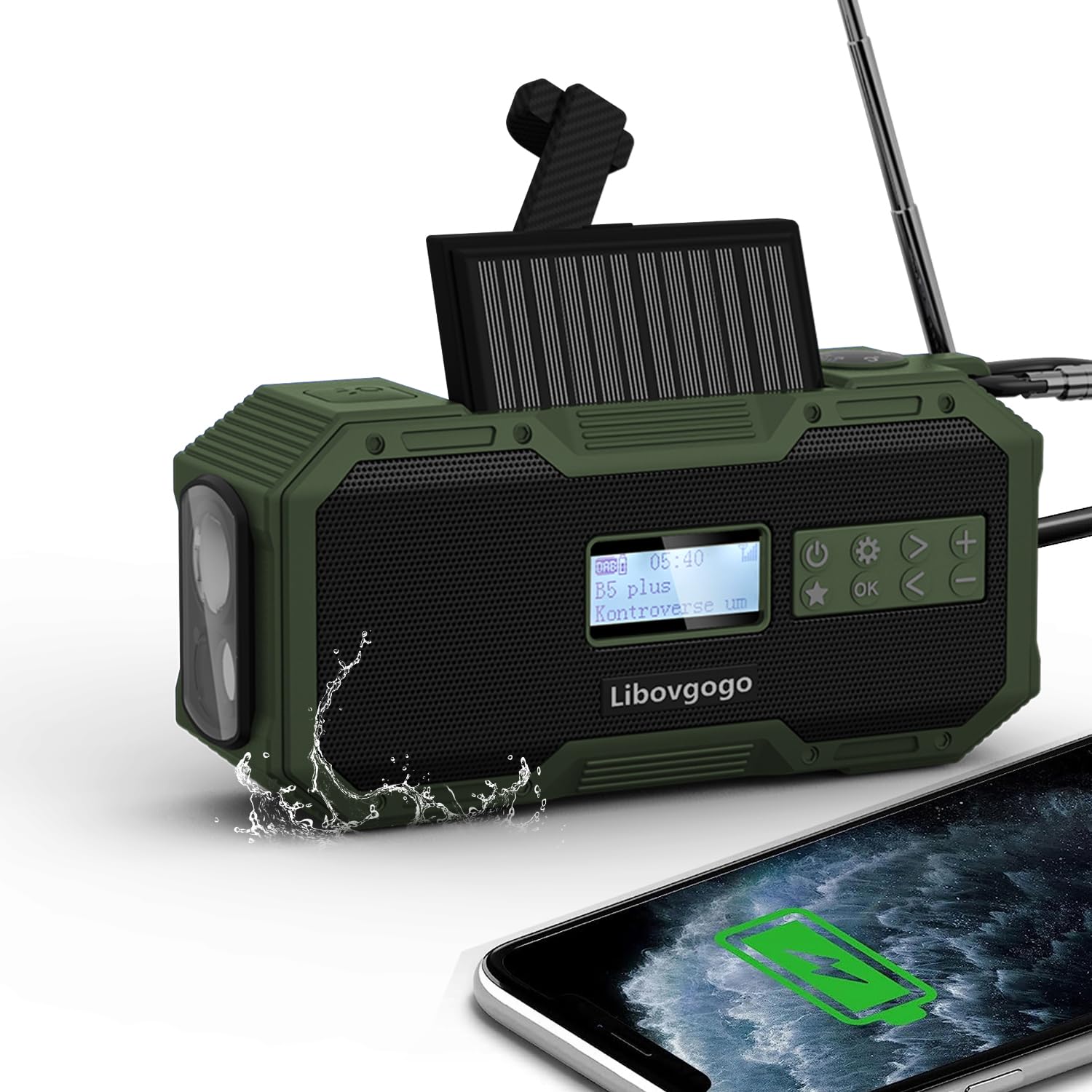 Libovgogo DF-587D Radio portátil DAB+ FM con altavoz Bluetooth impermeable, radio de manivela con función de carga de teléfono solar, batería externa de 5000 mAh, linterna, luz estroboscópica, luz de