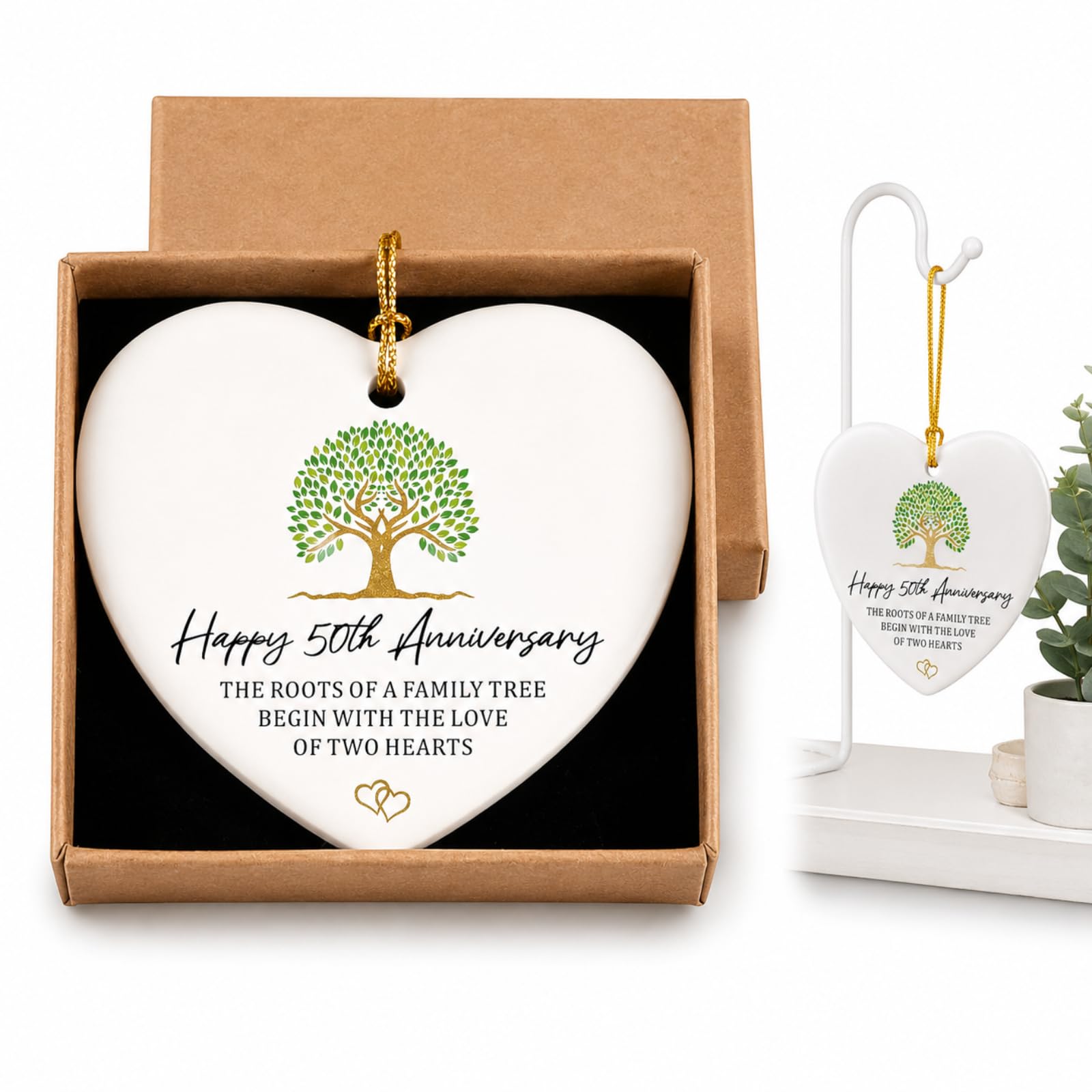 50th Golden Wedding Gift,Ceramic Hanging Heart Plaque, Family Tree Love Sign Decor for Parents, Mr and Mrs