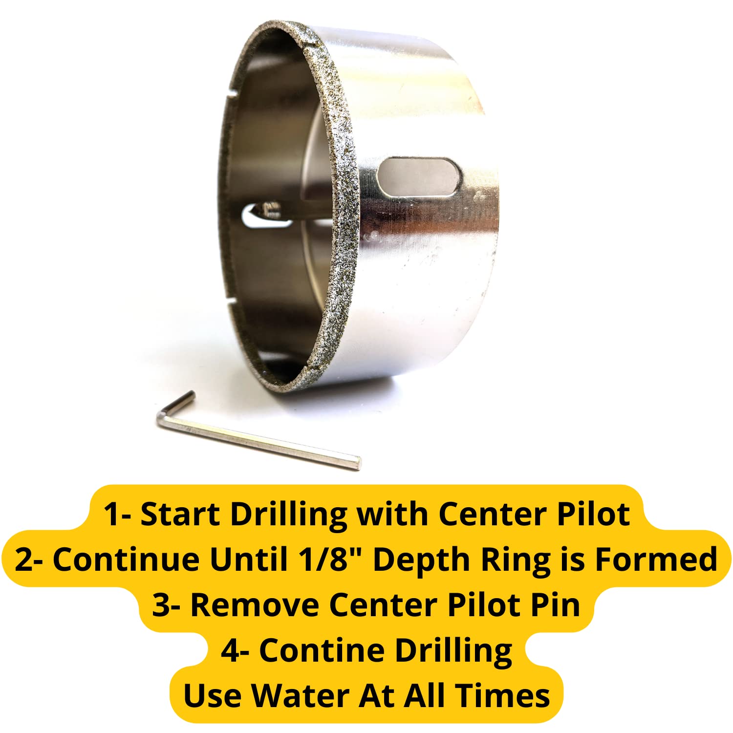 Drilax 4" Diamond Hole Saw | 1.5" Cutting Depth | Removable Pilot Pin & Triangular 3/8" Shank | Drilling for Ceramic, Porcelain, Tile, Quartz, Granite, Marble | Large Vent, Duct & Recessed Light Holes