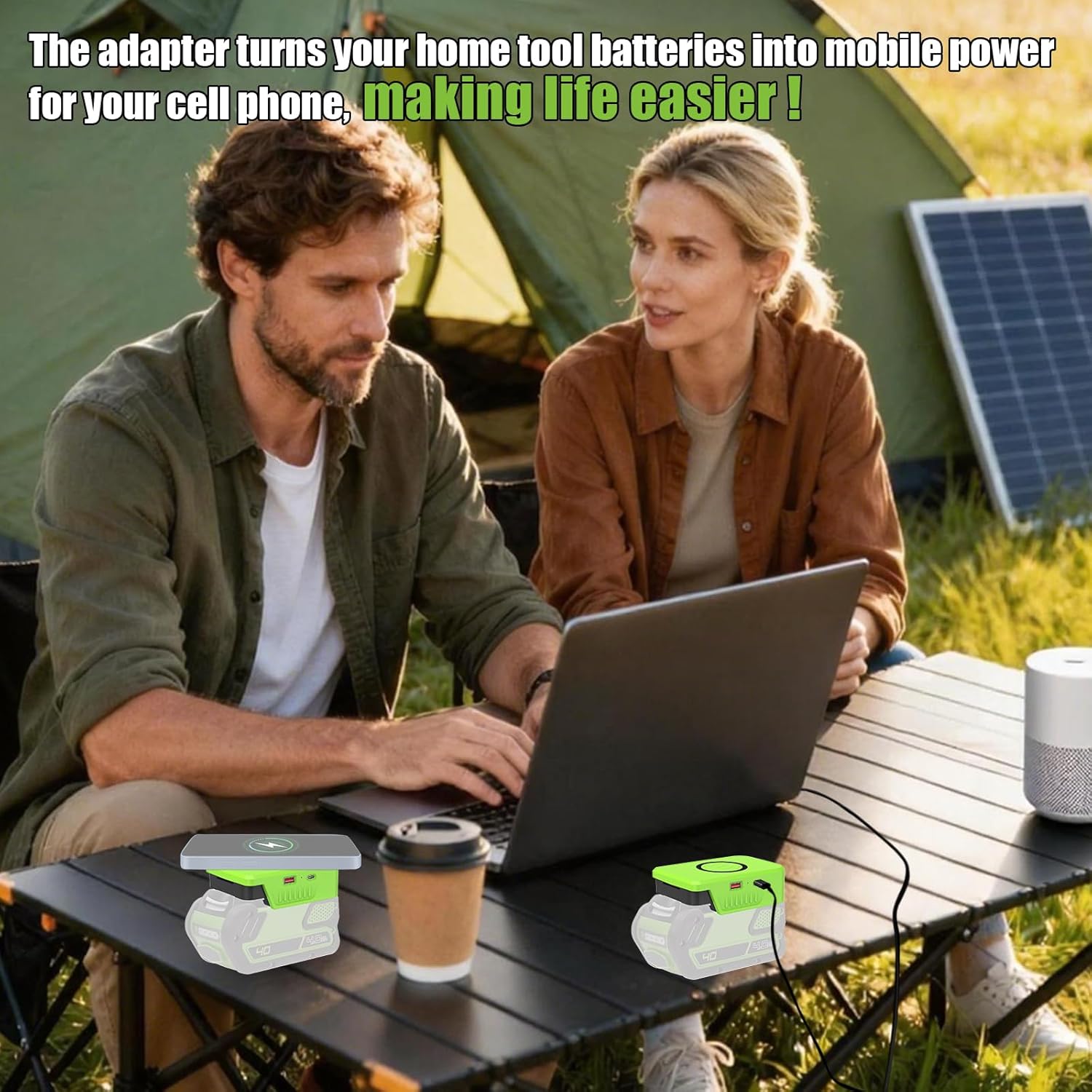 Wireless Charger for Greenworks 40V Battery,15W Max Wireless Charging Adapter for Cell Phone with USB and Type C Ports