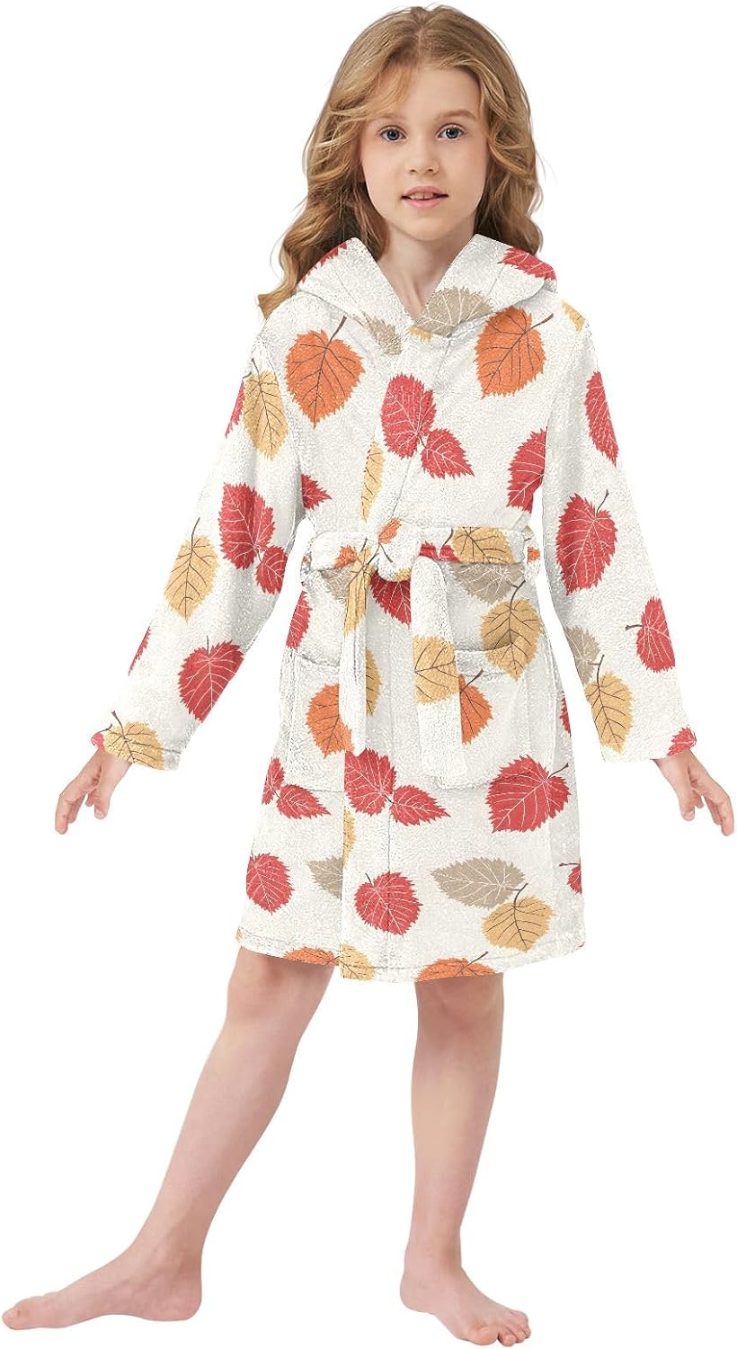 Lovely Autumn Leaves Prints Toddler Hooded Bathrobe for Boys Girls Soft Plush Bath Towel Robe 2-12 Years