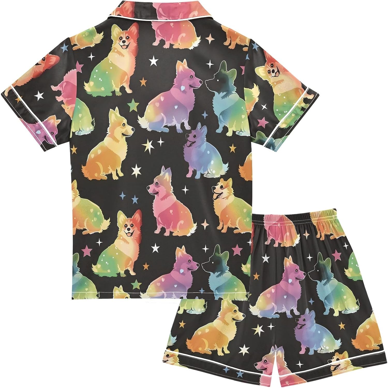 Kids Satin Wear Set Rainbow Corgis and Stars Pattern Relaxed Fit Clothing Short Sleeve and Shorts