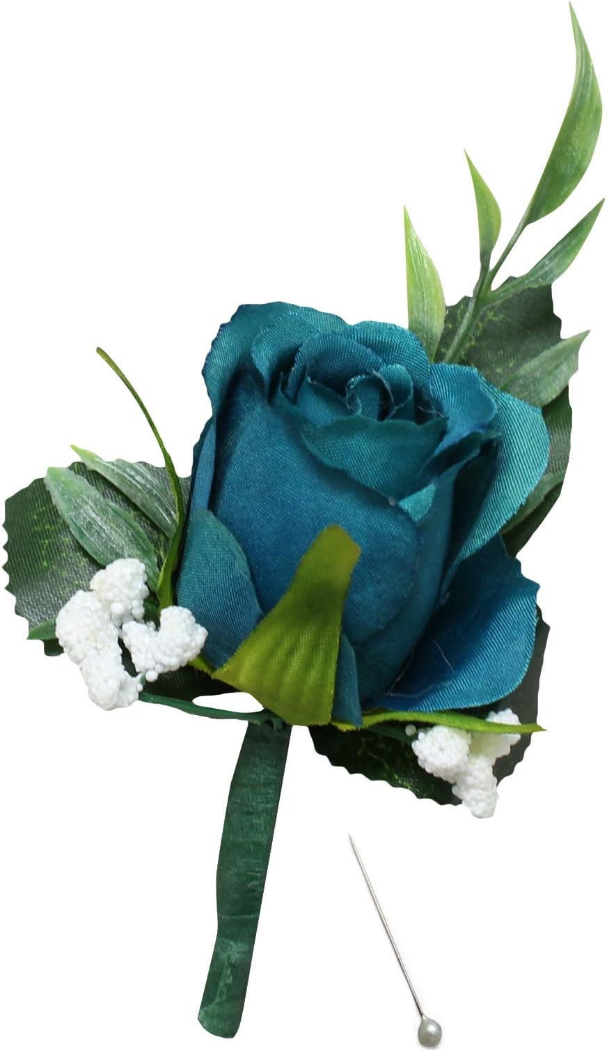Boutonnieres-Rose Baby Breath Frosted Green Artificial Flower Wedding Graduation Event Flower (Teal Green)