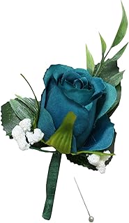 Angel Isabella, LLC Boutonnieres-Rose Baby Breath Frosted Green Artificial Flower Wedding Graduation Event Flower (Teal Green)