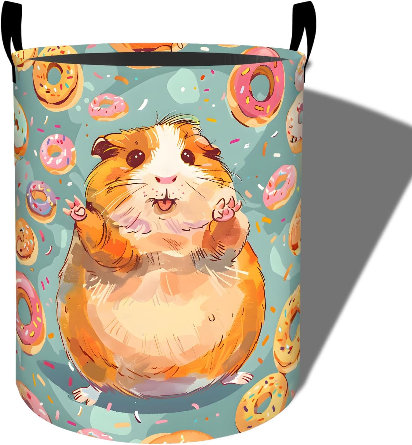 Cute Hamster Laundry Basket, Funny Donut Design Foldable Oxford Cloth, Waterproof Dirty Clothes Hamper with Handles, Clothing Storage Bucket Toy Organizer for Bathroom Bedroom Dorm, 19.7"x15.7"