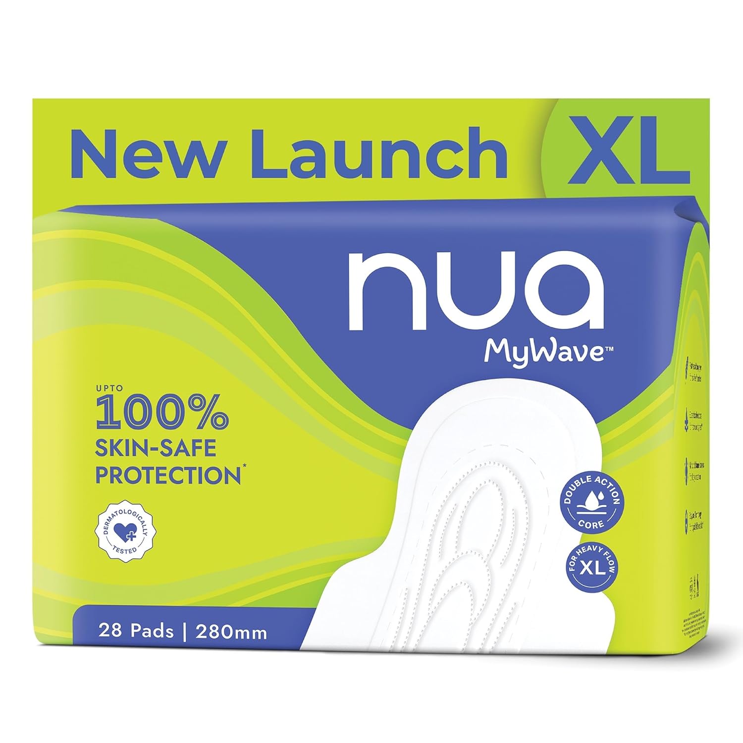 Nua MyWave XL Sanitary Pads for Women | Heavy Flow Period Pads | Super Soft, Rash-Free, Leak-Proof | Super Absorbent | Pack of 28 | Individually Wrapped | 280 mm