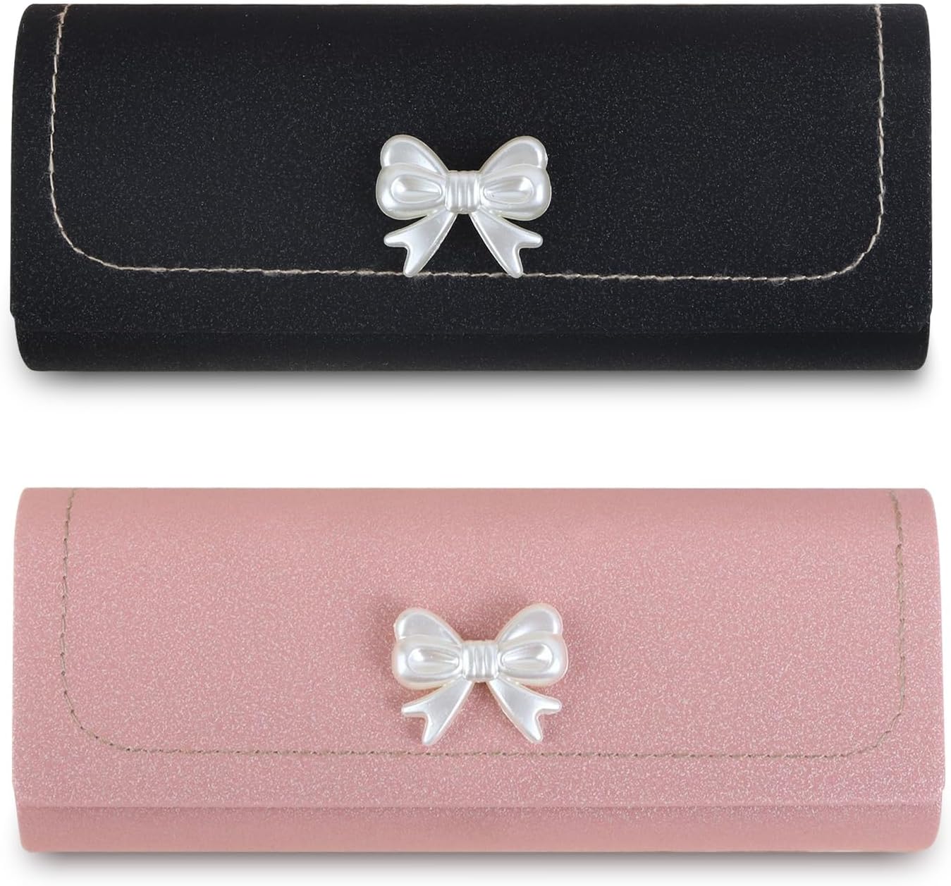 Hard Shell Leather Glasses Case, Elegant PVC Hard Glasses Case for Women with Bow Design, Portable Sunglasses Case with Flannel Lining for Myopia, Sweet Cases Set for Travel and Daily Use