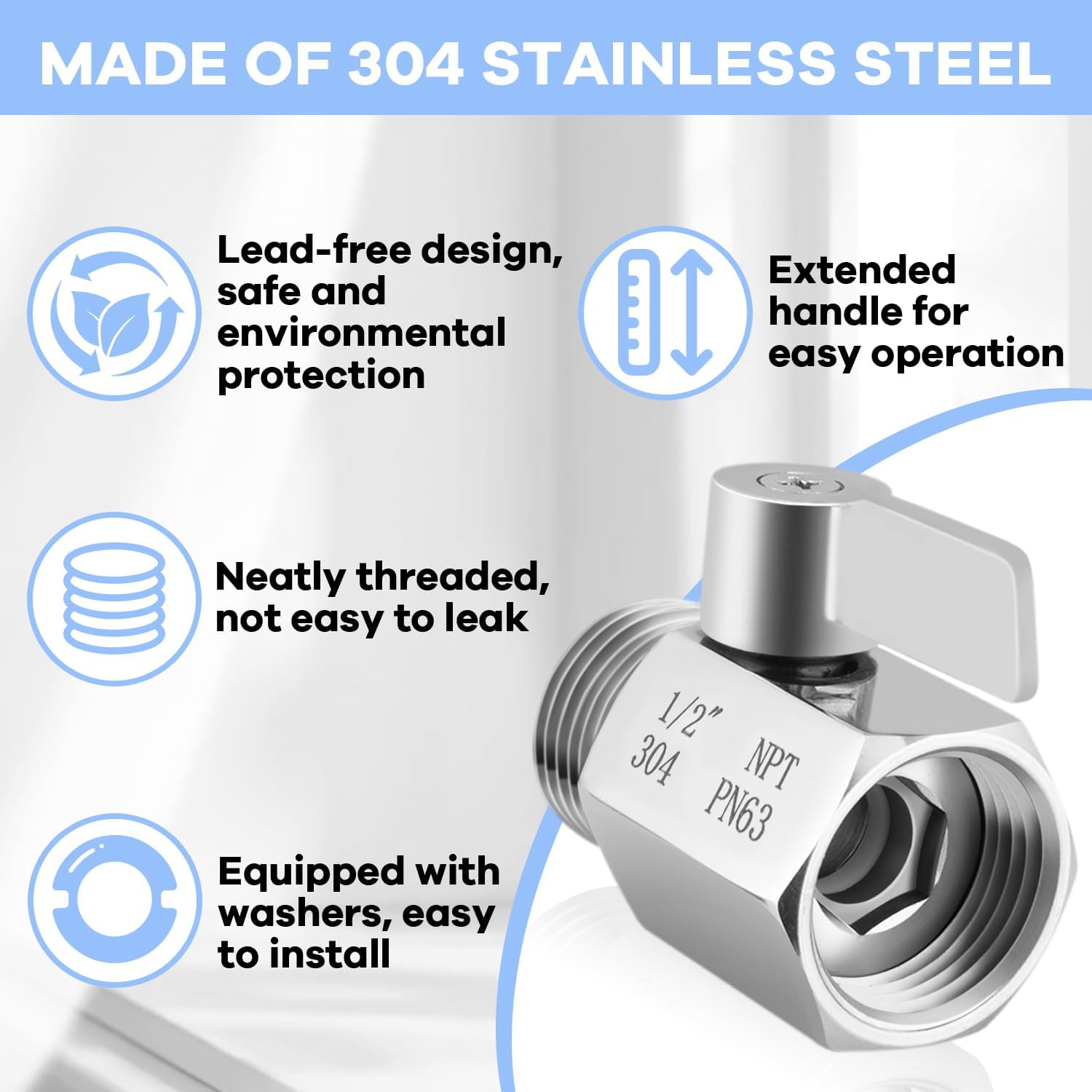 Shower Head Shut Off Valve, 1/2" NPT Water Flow Control Valve, 304 Lead-Free Stainless Steel Mini Ball Valve with Handle Lever, Shower Head Valve for Handheld Shower Head（2 Packs）