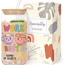Work Bestie Gifts Glass Cups - Glass Tumbler with Straw and Lid, Cute Coworkers Gift for Women Sister Bestie Best Friend Colleague Teacher Birthday Graduation Christmas Appreciation