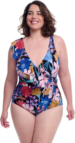 Profile by Gottex Melody Women's Black Multi V-Neck One Piece Swimsuit with Asym