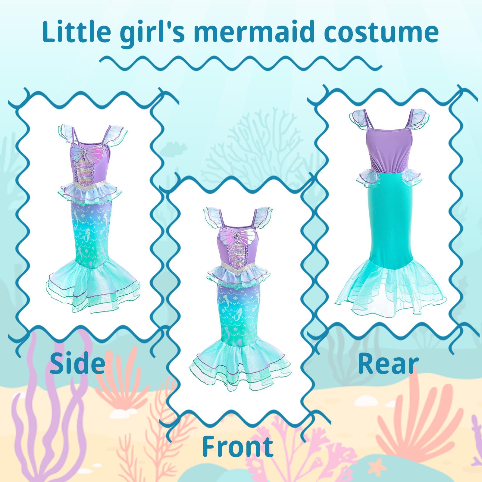 Disfraz Vestido Sirenita Niña, Cola de Sirena Niña con Varita Mágica, Corona y Peluca, Vestido de Sirena para Carnaval, Halloween, Fiestas de Disfraces y Otras Celebraciones